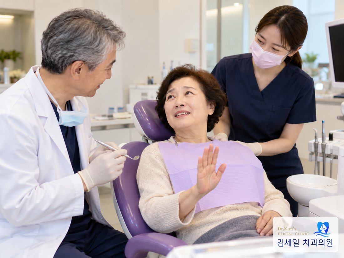 손을 들어 잠시 멈춤을 요청하는 환자분