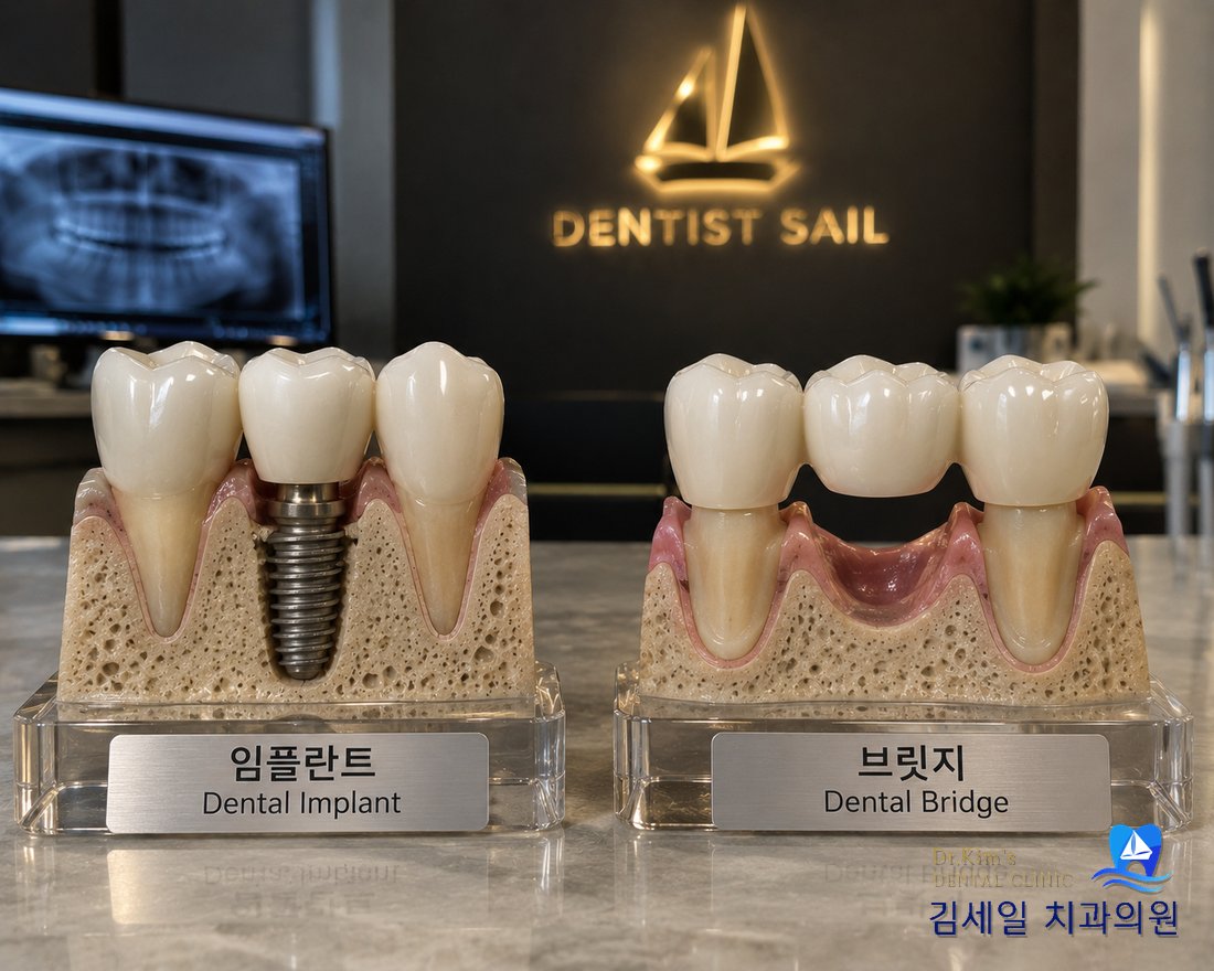임플란트와 브릿지 치아 모형 비교