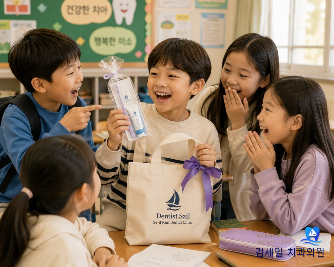 주치의 등록 기념 선물을 받고 즐거워하는 학생들