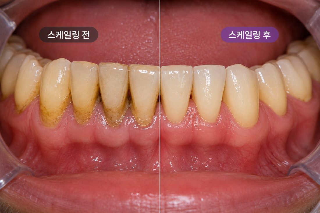 스케일링 전후 치아 비교