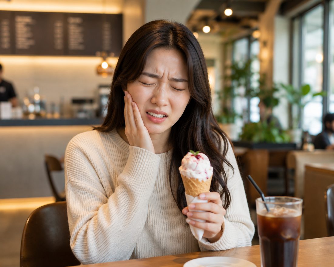 아이스크림 먹다 이가 시린 여성