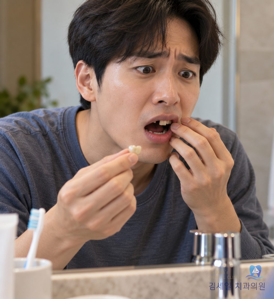 빠진 크라운을 손에 들고 거울을 보며 당황한 남성