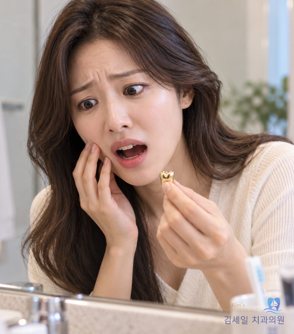 빠진 크라운을 들고 볼을 감싼 채 놀란 여성