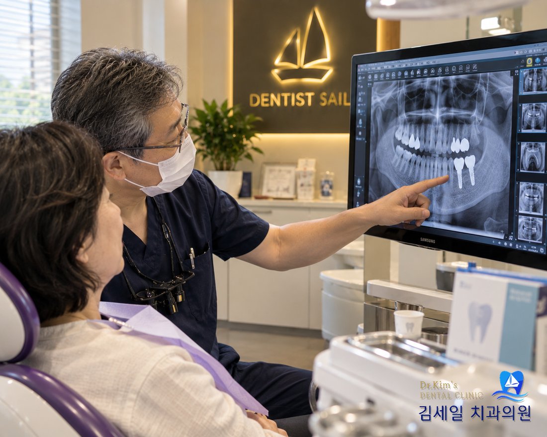 X-ray로 신경치료 후 상태를 설명하는 원장님