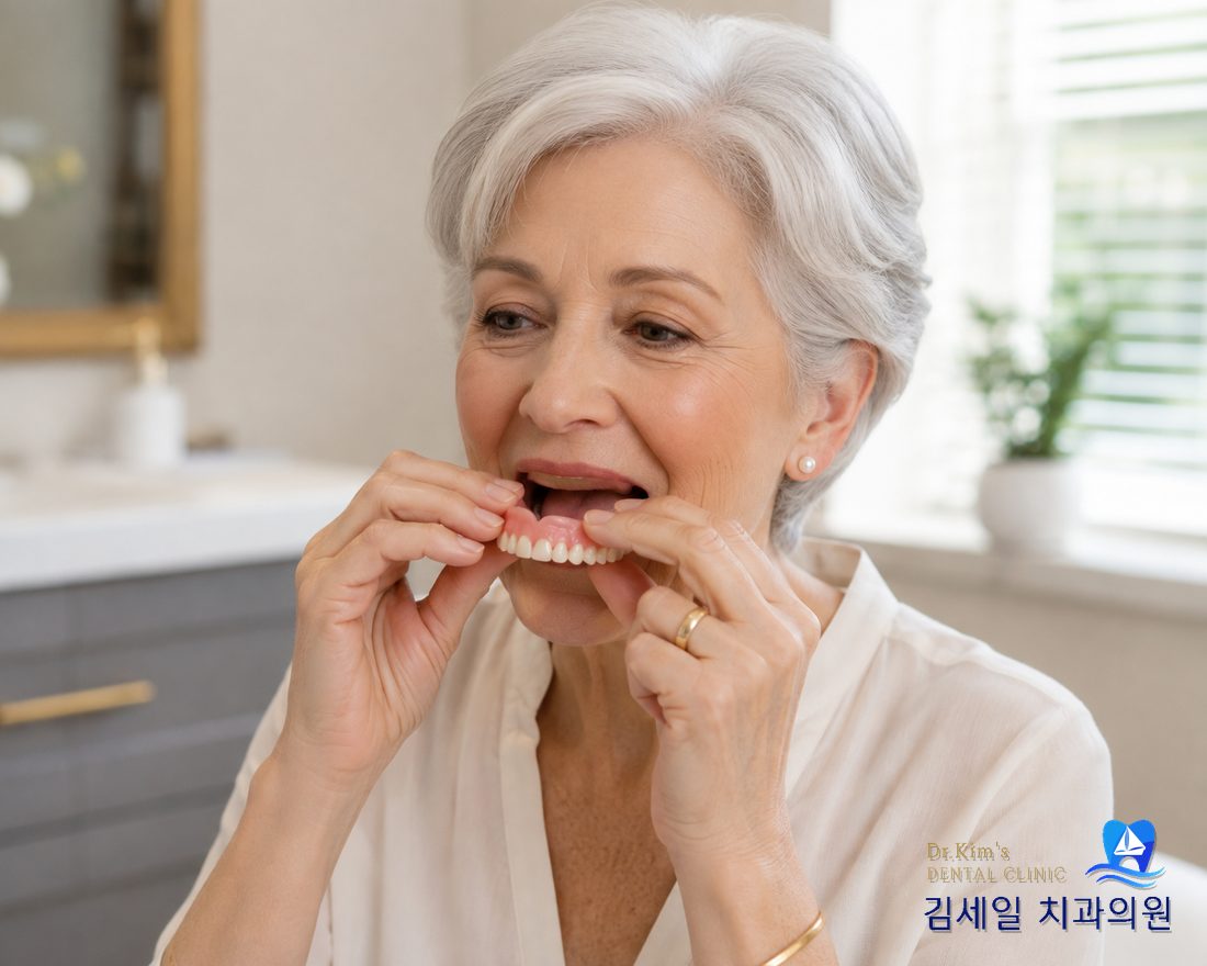 틀니를 직접 착용해보시는 어르신