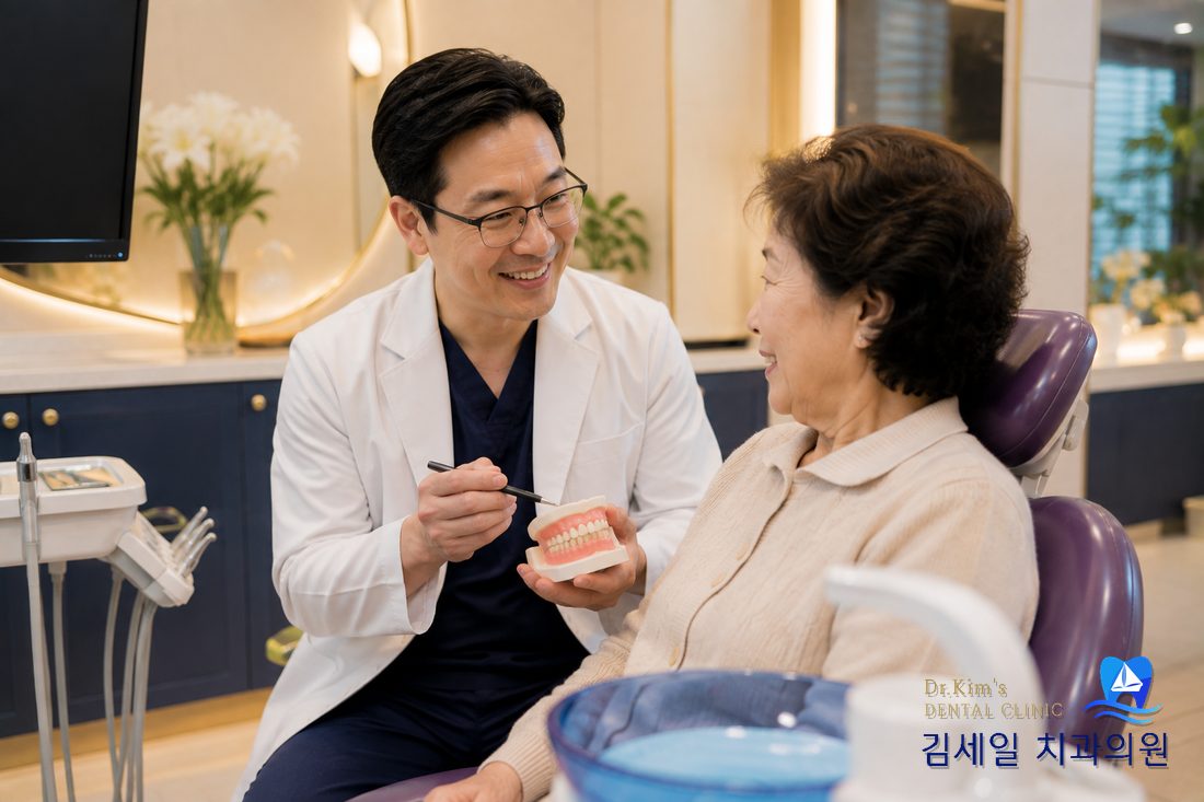 틀니 상담을 받으시는 어르신과 원장님