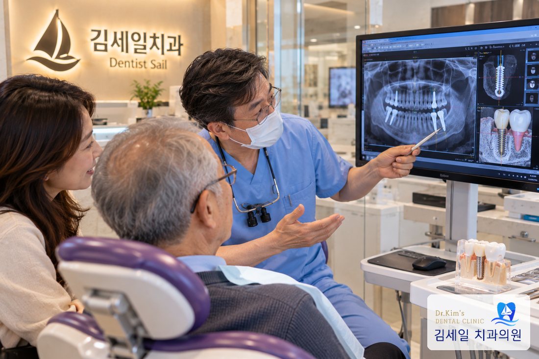 가족과 함께 방사선 사진을 보며 상담하는 장면