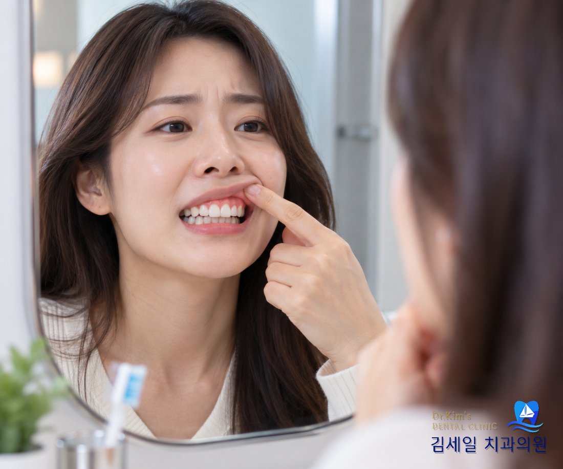 잇몸 상태를 거울로 확인하는 모습