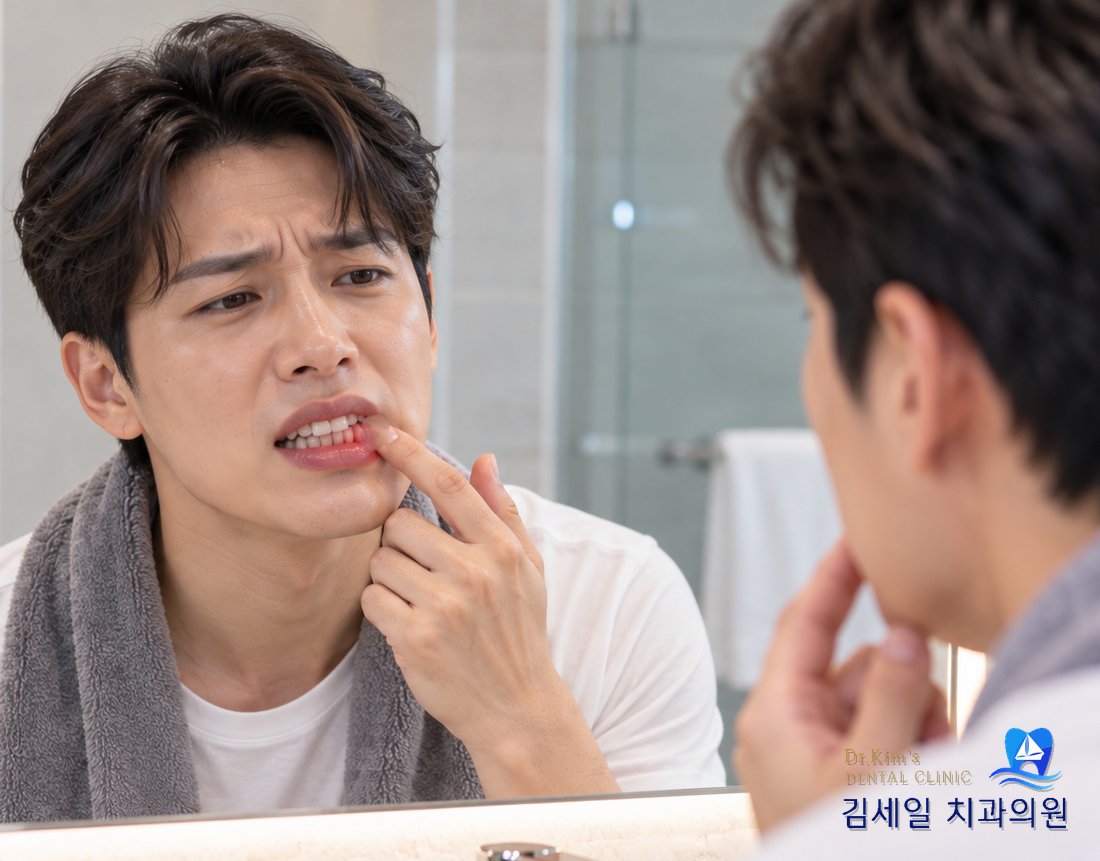 잇몸 상태가 신경 쓰여 거울을 보는 모습
