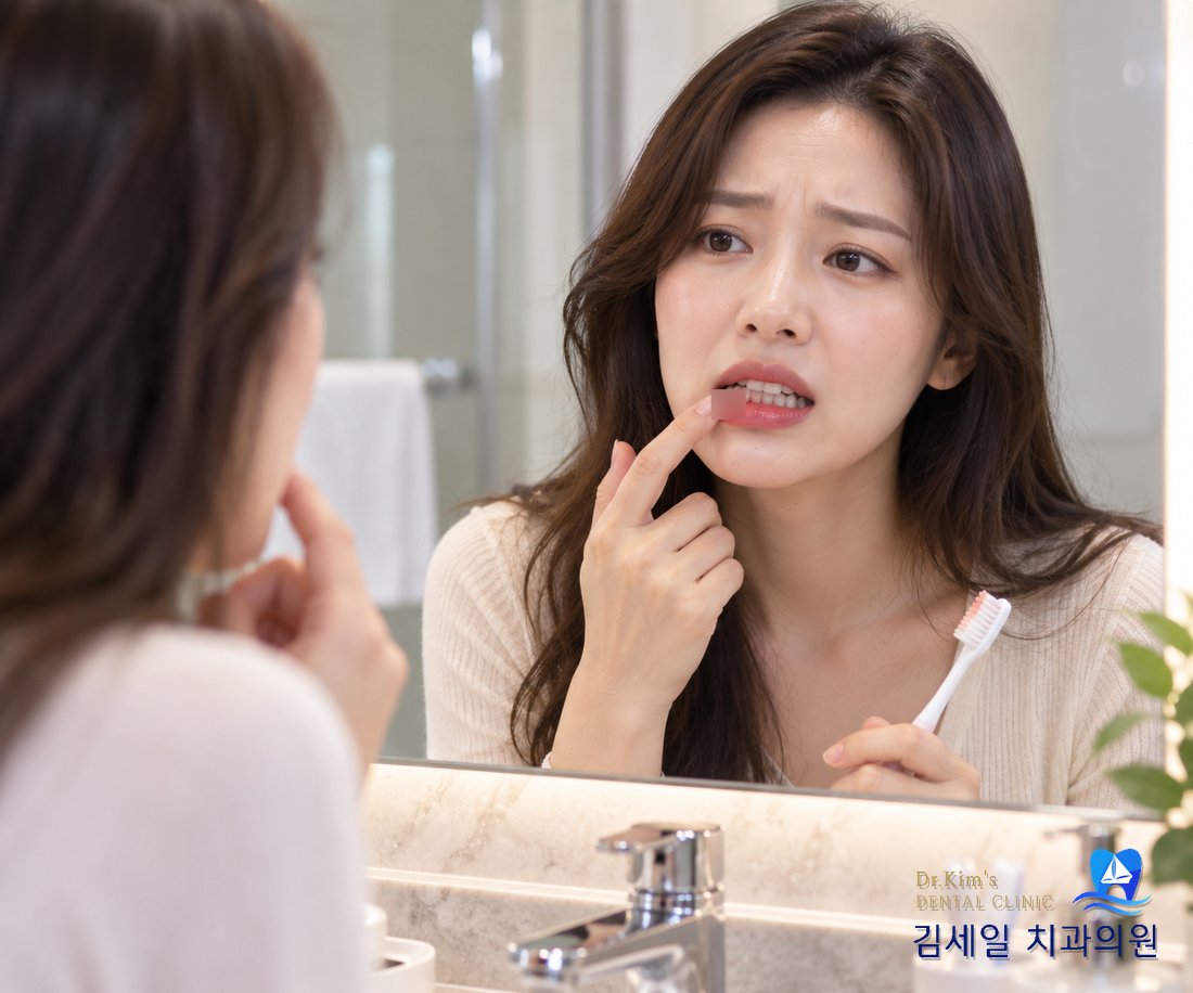 잇몸 상태를 거울로 확인하는 모습