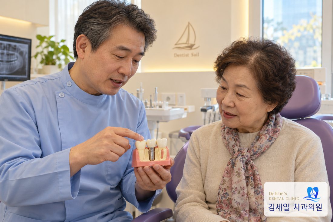 임플란트 모형으로 설명하는 상담 장면