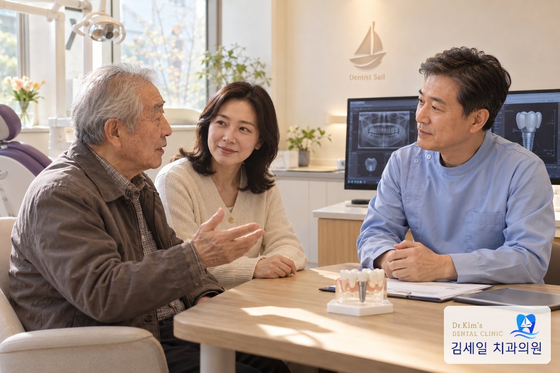 어르신과 보호자가 함께 임플란트 상담을 받는 모습