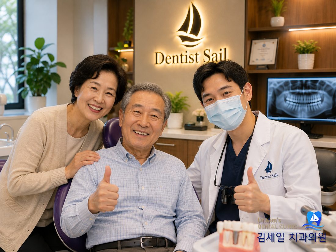 김세일치과에서 임플란트 진료 후 만족해하는 어르신 환자와 원장님