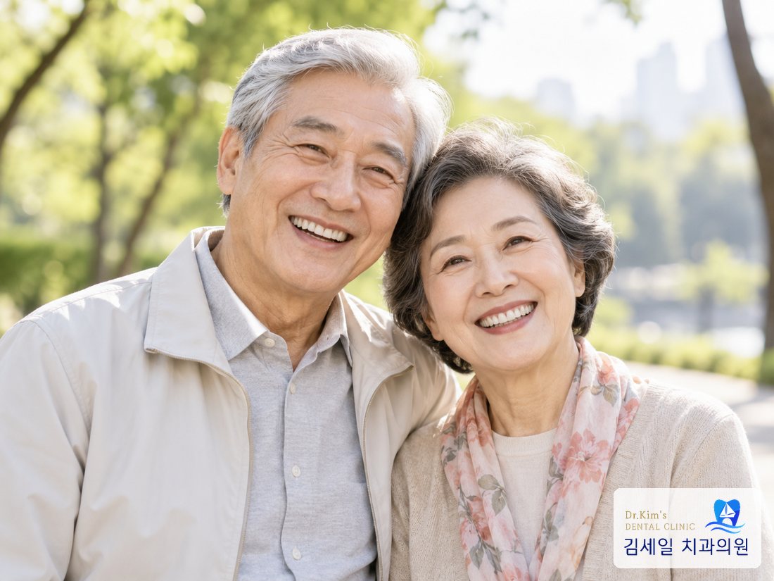 공원에서 환하게 웃는 노부부