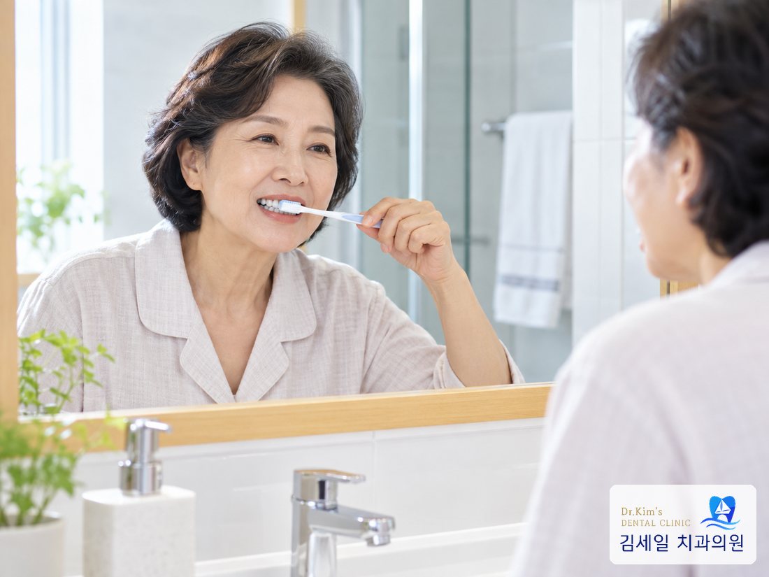 거울을 보며 양치하는 중년 여성