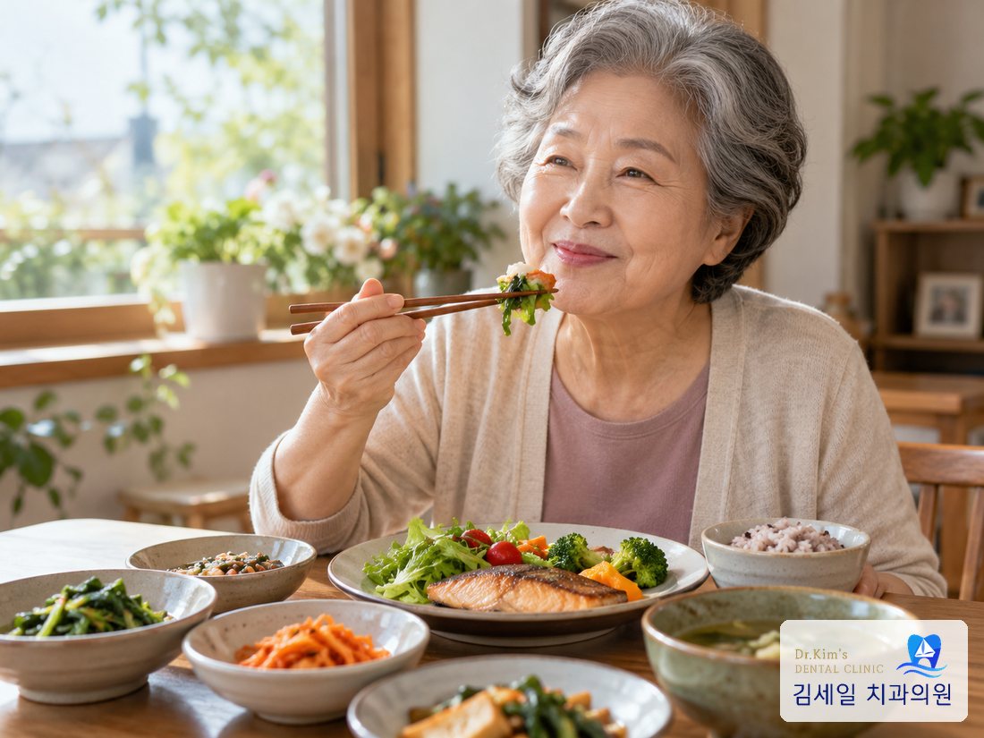식탁에서 식사를 즐기는 어르신