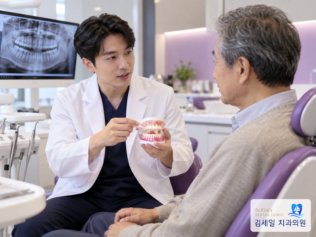 치아 모형으로 설명하는 의료진