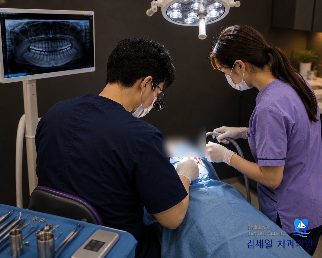 정밀한 임플란트 식립 수술 장면