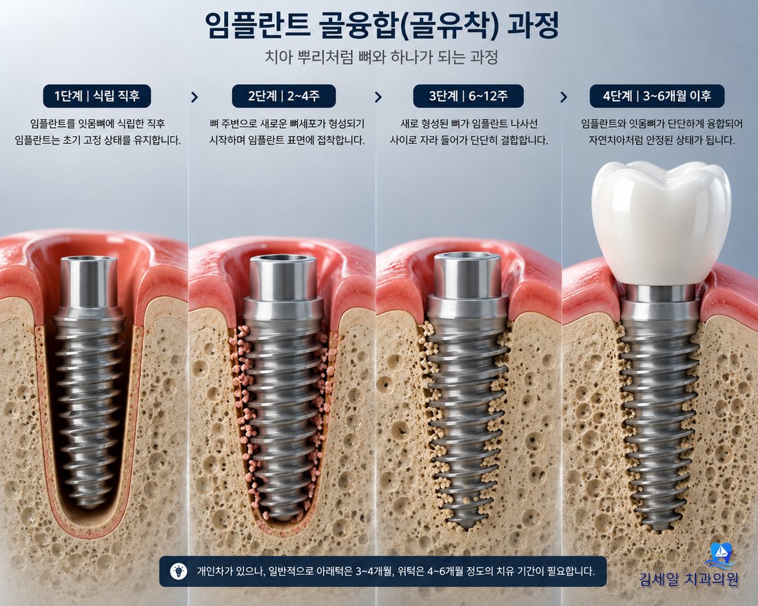 임플란트 골융합(골유착) 4단계 과정 - 식립 직후, 2~4주, 6~12주, 3~6개월 이후