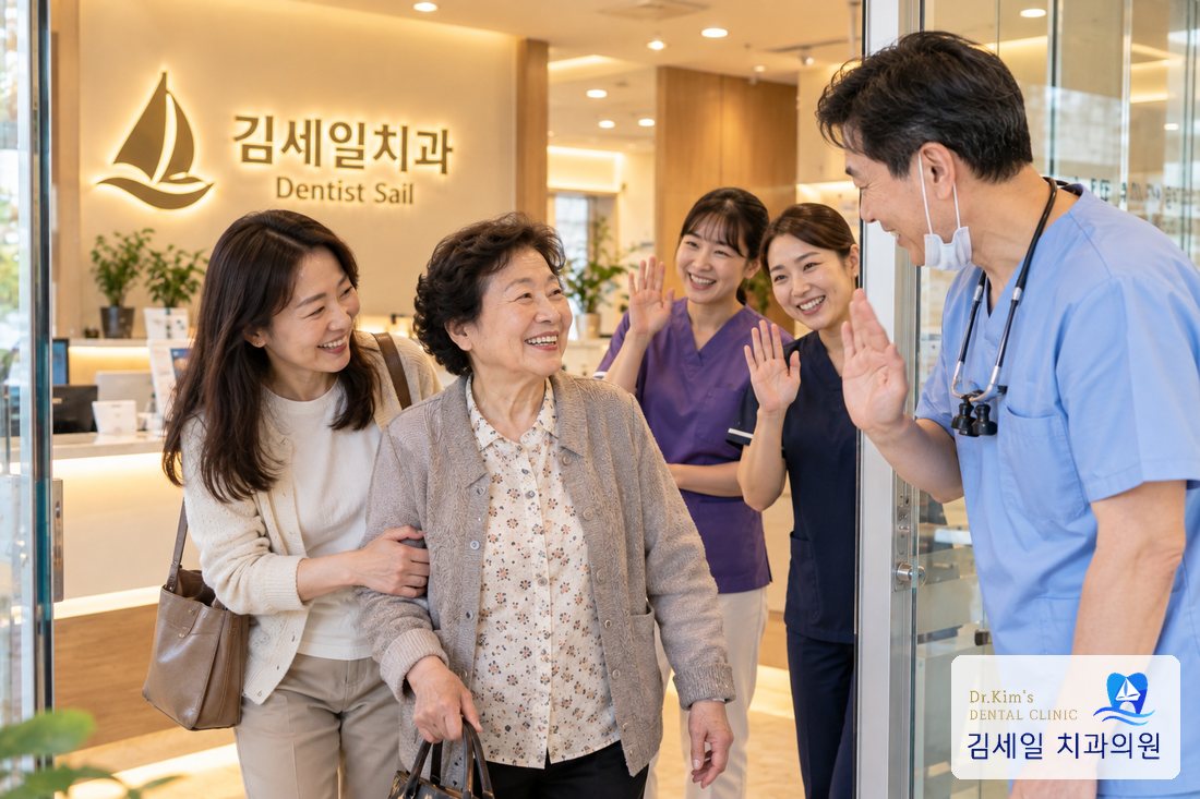 어머니를 모시고 병원을 나서며 의료진과 인사 나누는 모습