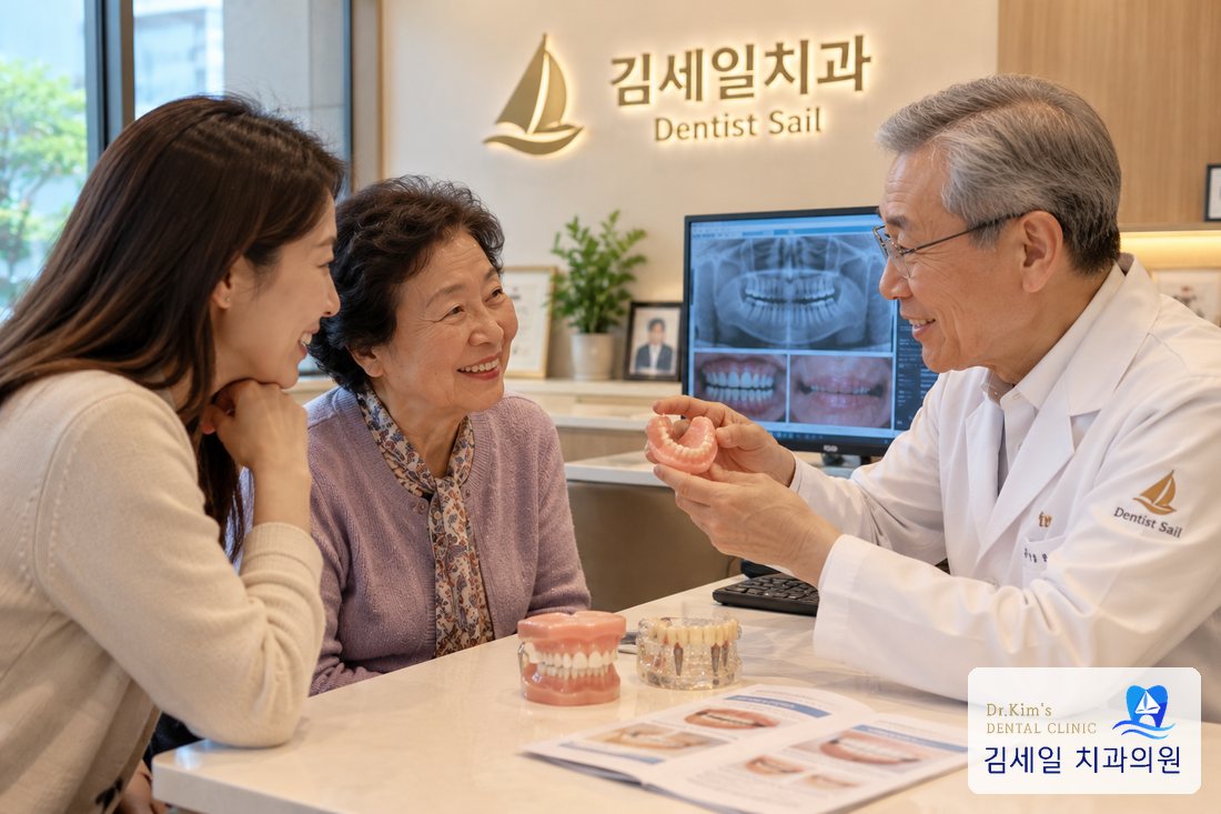 보호자와 함께 틀니 모형을 보며 상담하는 모습