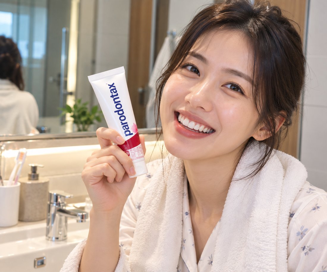 잇몸 전용 치약을 들고 있는 모습