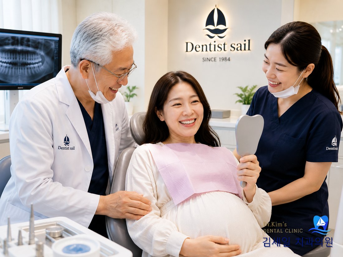 임산부 환자와 상담하는 김세일치과 원장님과 스텝