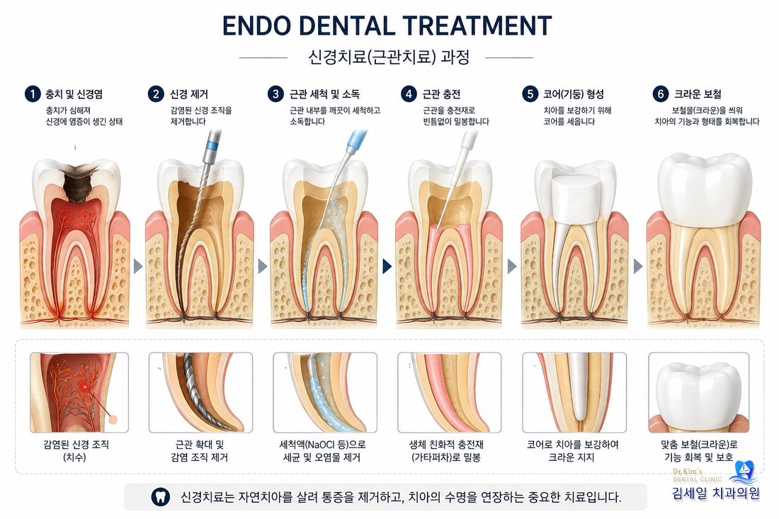 신경치료(근관치료) 6단계 과정 - 신경 제거, 근관 세척, 충전, 코어, 크라운