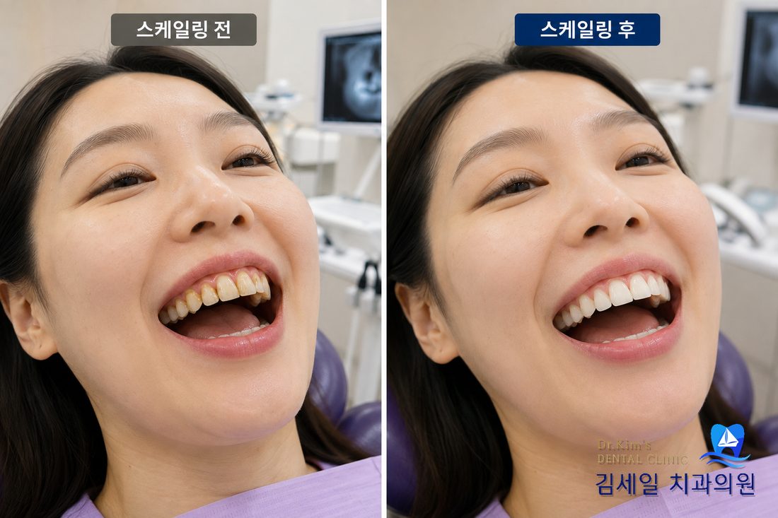 스케일링 전후 치아 색과 상태 비교