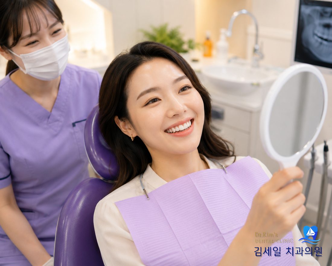 스케일링 후 거울을 보며 만족스러워하는 환자