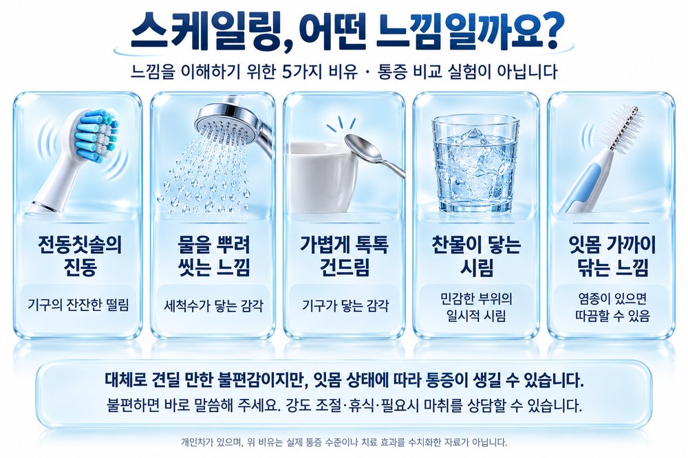 스케일링 중 느껴질 수 있는 감각을 비유로 설명한 인포그래픽