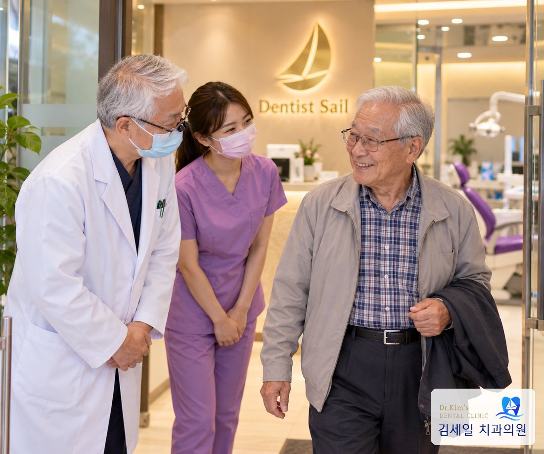 진료를 마치고 나서는 환자분께 인사하는 원장님과 의료진