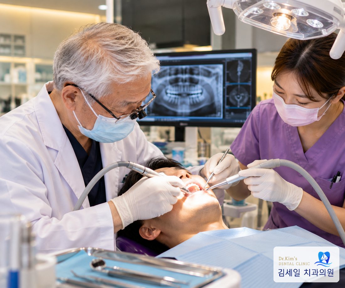 스케일링을 진행하는 원장님과 의료진