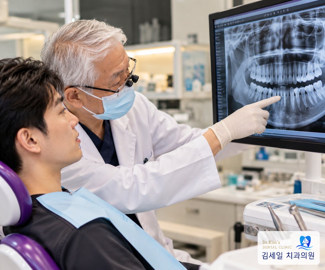 모니터의 파노라마 영상을 보며 설명하는 원장님