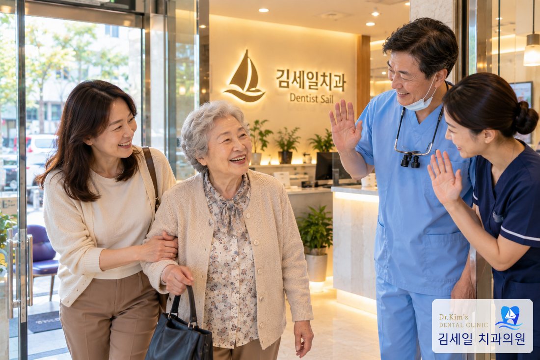 어머니를 모시고 병원을 찾은 가족을 맞이하는 의료진