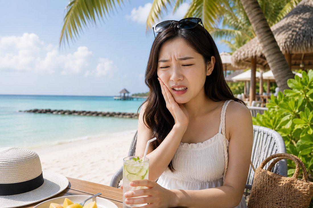 여행 중 치아 통증을 느끼는 여성