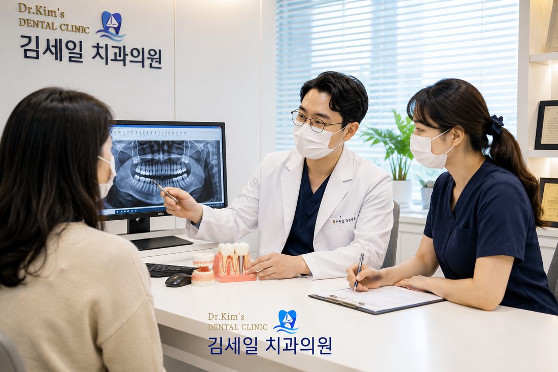 엑스레이를 보며 치료 계획을 설명하는 모습