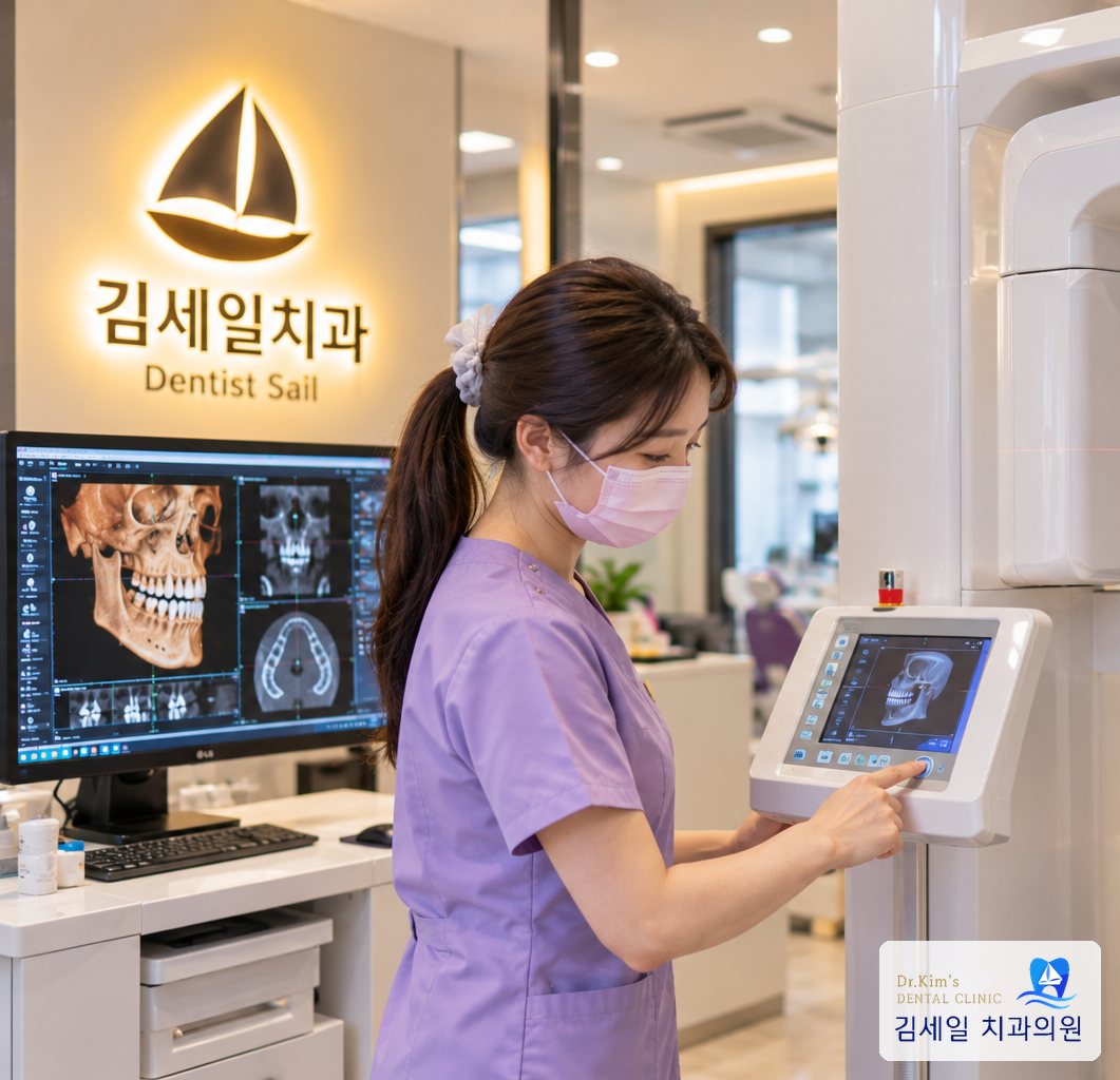촬영 장비를 조작하는 의료진과 3차원 영상