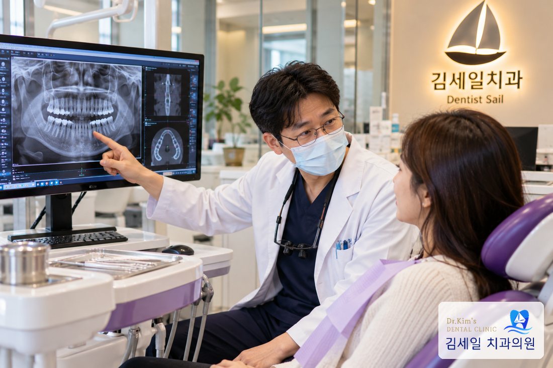 모니터의 파노라마 영상을 보며 설명하는 원장님