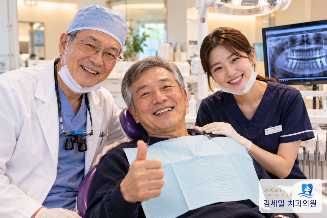 진료를 마치고 환하게 웃는 환자분과 의료진